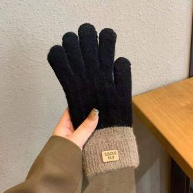 Winter Mittens Brown Striped Embroidered Warm Cycling Spot Universal Cartoon Gloves Ins (Color: black)