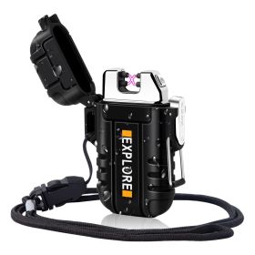1pc Waterproof Windproof Lighter; USB Rechargeable Outdoor Dual Arc Lighter Flameless Plasma Lighters For Camping; Hiking; Emergency Survival (Color: black)